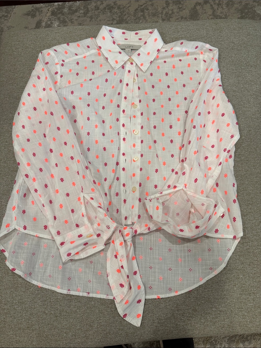 LOFT White Button-Front Tie-Hem Blouse with Pink Dot Floral Print